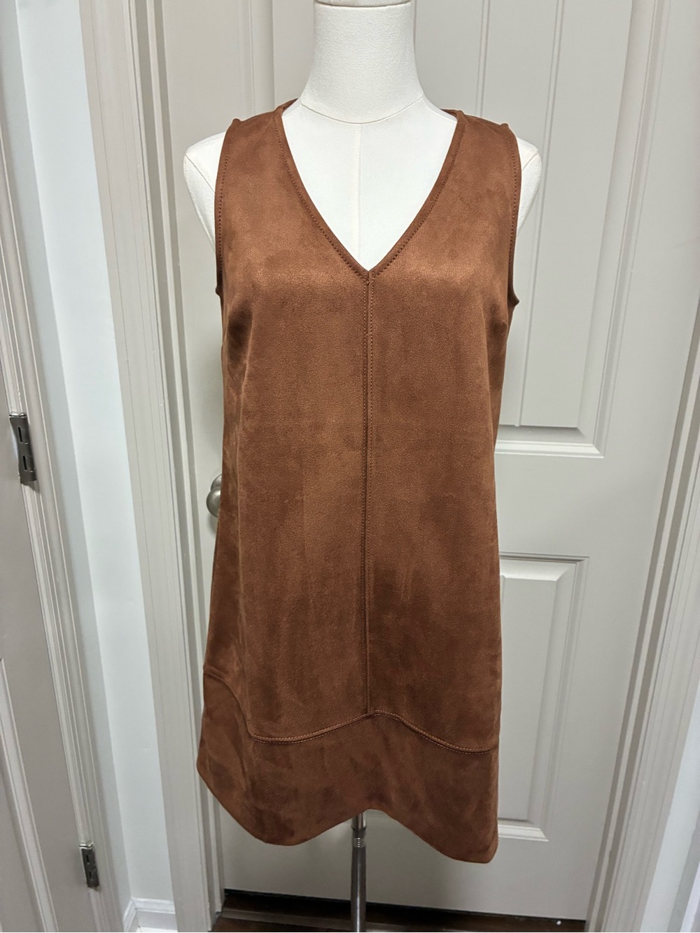 LOFT Suede-Look V-Neck Shift Dress in Warm Brown